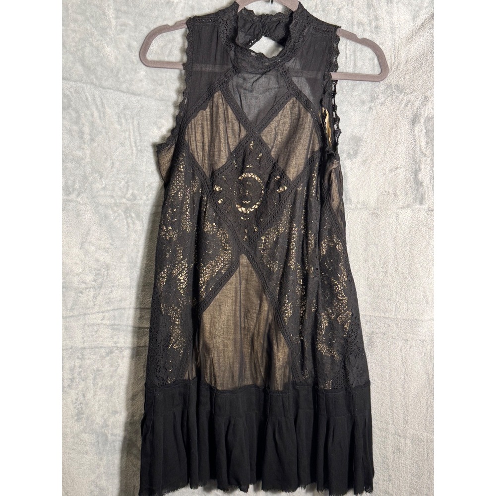 Free People Angel Lace Black High Neck Cutout Back Mini Dress Size S cotton